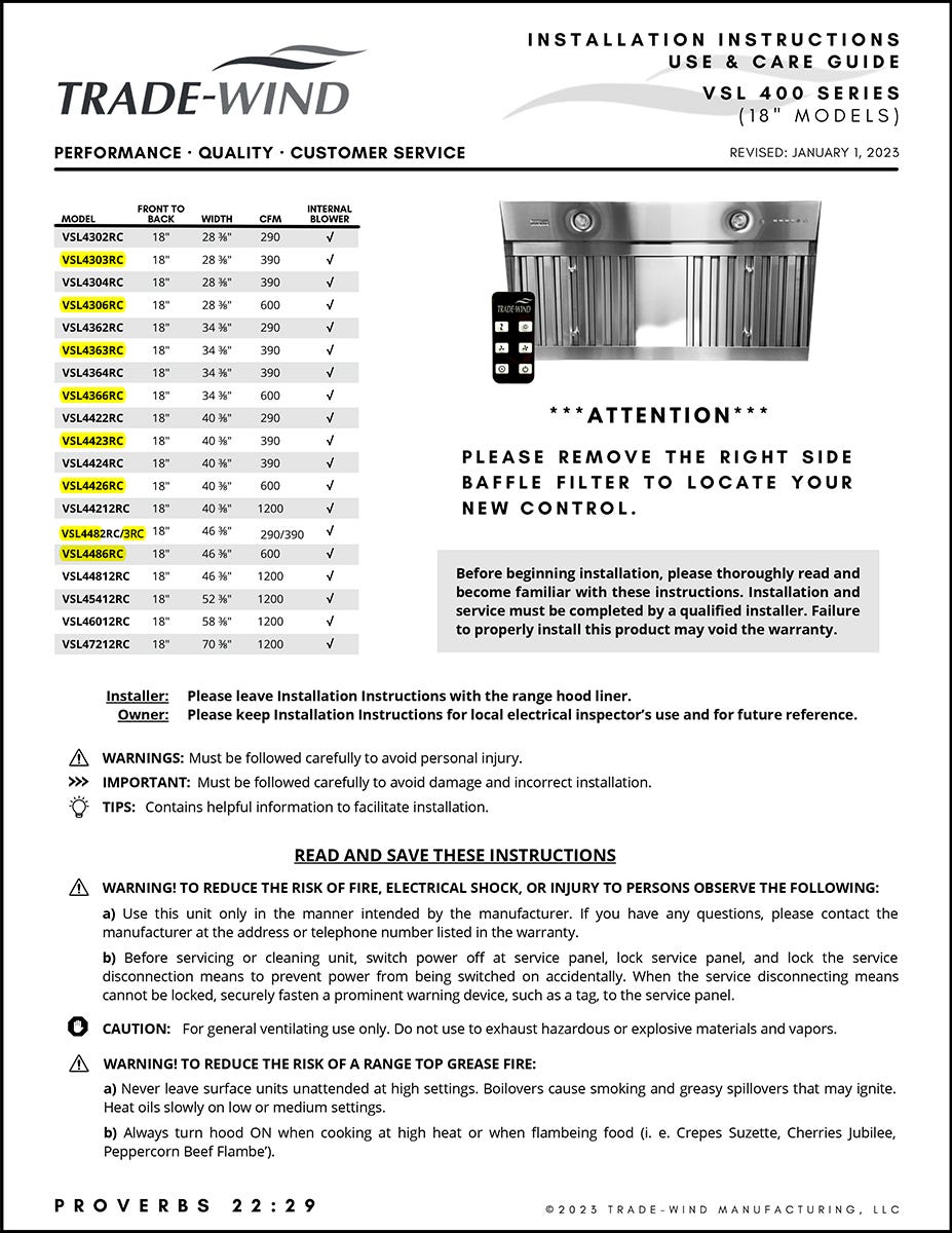 Trade-Wind Liner & Blower Manufacturer Installation Instructions
